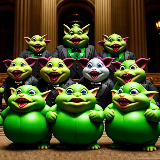 Prompt: realistic photo of a group of fat goblin puppets with green skin and vampire teeth,
American Capital Building,
dark scene,
dressed in tuxedos,
in the style of Jim Henson's Labyrinth,
Movie Scene,
Medium Shot,
Sharp Focus