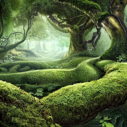 Prompt: Very high definition 
concept artwork illustration Garden of Eden overgrown green ivy mossy alley contrast shadows