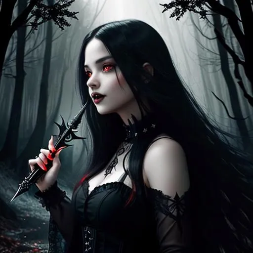 Prompt: gothic fantasy, close-up portrait, gloomy forest lake, laughing girl with a dagger in her hand, in a long black gothic dress, long hair flowing in the wind, large reflective red eyes, fierce look, well dressed, wandering lights, wind, lightning, moonlight, ominous red moon, surreal, symmetrical, intricate details, high detail, alcohol ink, Anne Stokes