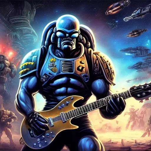 Prompt: Bodybuilding space marine, playing guitar for tips in a busy alien mall, widescreen, infinity vanishing point, galaxy background