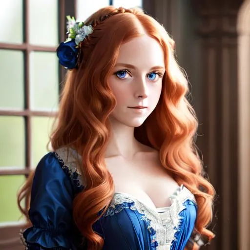 Prompt: beautiful Victorian woman with long strawberry blonde hair and light blue eyes wearing a blue gown,facial closeup