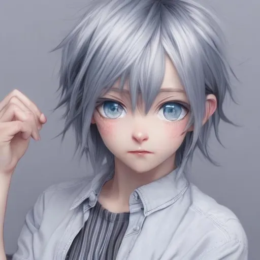 Prompt: young woman,  silver hair that is short , bored expression, blue eyes, slight anime style