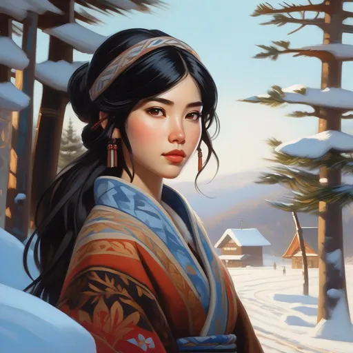 Prompt: Third person, gameplay, Ainu girl, pale skin, black hair, brown eyes, Hokkaido, snow, cold atmosphere, cartoony style, extremely detailed painting by Greg Rutkowski and by Henry Justice Ford and by Steve Henderson 