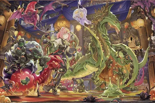 Prompt: A renaissance mural, depicting a large battle between three fantasy slime creatures, and one large abnormal demonic black dragon. slimes taking the forms of nightmares as they are formless beings of jelly nature. The fight also features a war turtle and a mecha dragon