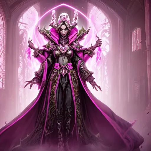 Prompt: A female warlock with a large headpiece and robes of pink and white.