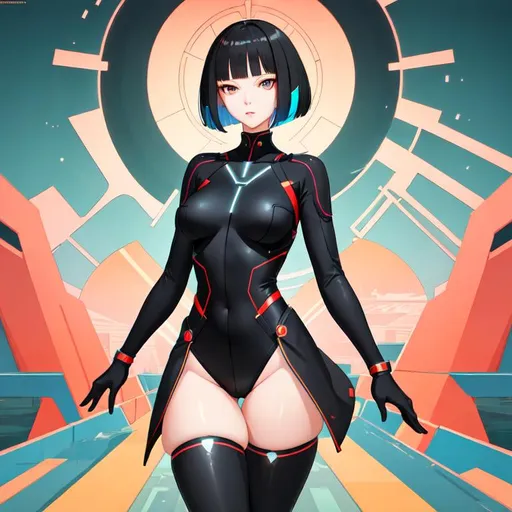 Prompt: a lonely AI girl, very tall, thick thighs, wide hips, long legs, slender waist, big symmetrical eyes, aloof expression, bob haircut with bangs, colorful Soviet Propaganda art style, 12K resolution, hyper quality, hyper-detailed, depth of field