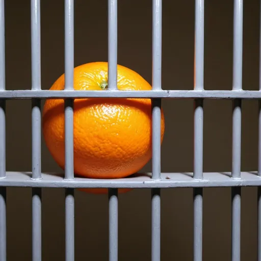 Prompt: Show me an orange behind a jail cell