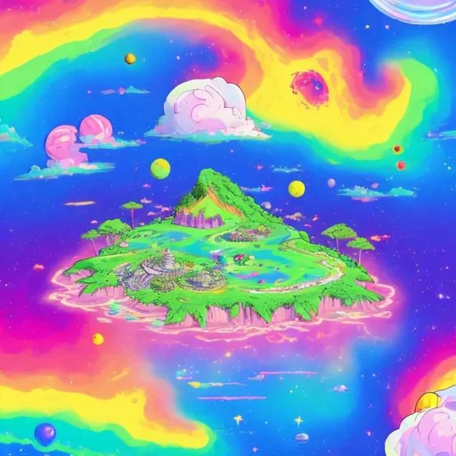 Prompt: An island in space inspired by Lisa frank