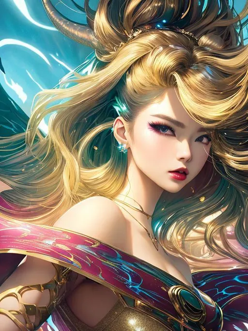 Prompt: matte portrait of a kpop princess with big doe glittery eyes, reddish lips, golden ratio face, balayage  wild hair, windy aura ,dragon themed ultra high detailed ,royalcore, cyberpunk , backlit, glamorous sky, soft lighting, splash art by greg rutkowski, ultra high HD, colorful ink illustration, oil on canvas, brush strokes