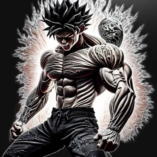 Prompt: 64K masterpiece intricate hyperdetailed breathtaking 3D glowing black oil painting medium portrait of Son Goku, black trousers, intricate hyperdetailed muscular body, intricate hyperdetailed muscles, glowing white light reflection on the muscles, hyperdetailed intricate hard standing glowing hair, hyperdetailed glowing angry white eyes, detailed face, white glowing muscles, white glowing body, white glowing skin, semi-polaroid monochrome photography, hyperdetailed complex, character concept, hyperdetailed intricate glowing shining glamorous white water drop floating in the air, very angry, intricate glowing light reflection, intricate hyperdetailed glowing iridescent reflection, strong glowing white light on the hair, contrast white head light, hyperdetailed very strong black shading, very strong black muscle shadow, professional award-winning photography, maximalist photo illustration 64k, resolution High Res intricately detailed, impressionist painting, yellow color splash, illustration, key visual, panoramic, cinematic, masterfully crafted, 8k resolution, stunning, ultra detailed, expressive, hypermaximalist, UHD, HDR, UHD render, 3D render, 64K, hyperdetailed intricate watercolor mix oil painting on the body, Toriyama Akira