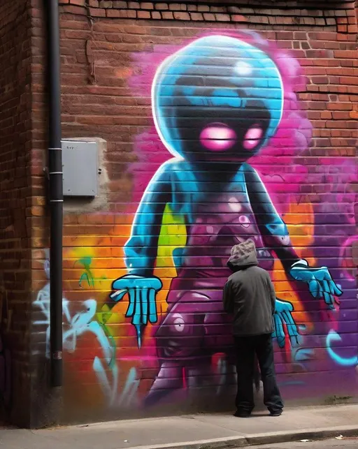 Prompt: A street artist tags a ((brick wall )) with ((colorful)) graffiti art, a lone spotlight overhead illuminating his surreal humanoid characters coming to life. (Misty:0.5) alleyway. In the style of Banksy.