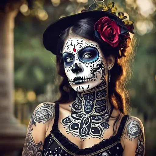 Prompt: Victorian era woman dressed in black with calavera face painting. Latina