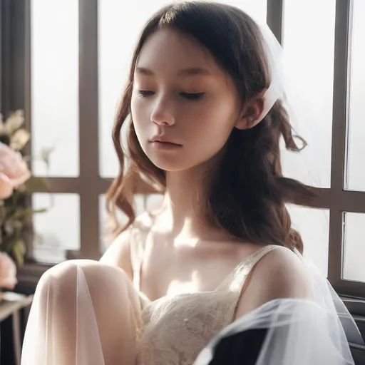 Prompt: He sat quietly. She didn't wear makeup and a white tulle dress in front of the window. Warm light. cover. --人像