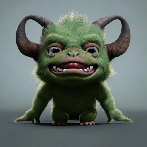 Tiny Green Skin Angry Troll With Horns, 3d Blender R 