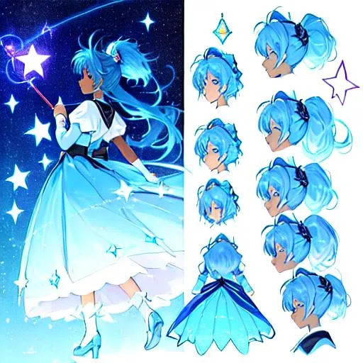 Prompt: A character sheet of an anime magical girl with  hair and dark skin, long hair, covered in stars. blue accents on outfit. holding a wand Concept Art. puffy skirt. Card captor Sakura inspired.  reference sheet, different expressions,  different poses, concept sheet, side profile, back proflie, beautiful face, ponytail, highly detailed, clear face and body