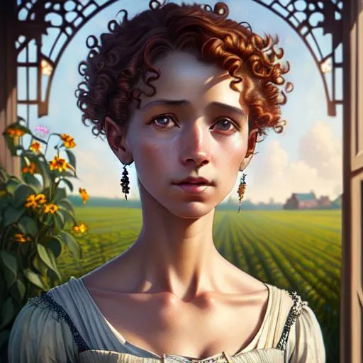 Prompt: An ethereal highly detailed painting of a very beautiful very poor 1920's migrant worker woman, tattered clothes, perfect complexion, gorgeous clean face,
curly auburn hair, award-winning,  Cinematic fantasy atmosphere, farm field, hot sun, cgi, artgerm