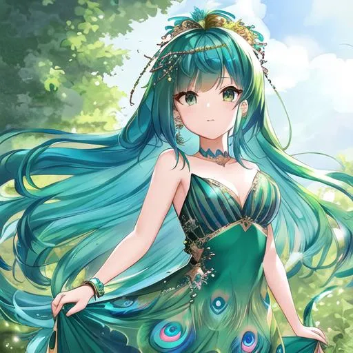 Prompt: Peacock feather dress, long teal hair with green and blue stripes, female, peacock feather headdress, 8k, woman