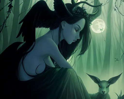 Prompt: baphomet, dark hair, vines, fantasy art, ritual, forest, spring, moonlight, night background