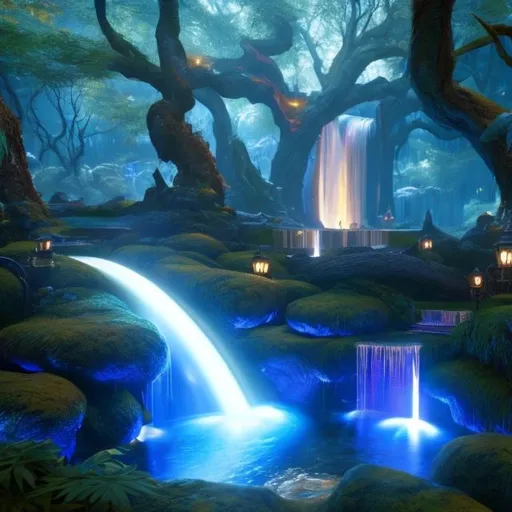 Prompt: Envision a glowing waterfall in a lush forest. Fantasy, another dimension. Hyperrealistic, UHD, HD, 8K, a portal rests besides the river