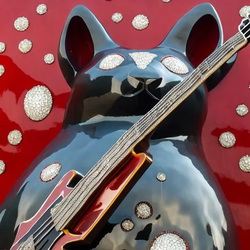 Prompt: ((((giant cat playing guitar) ruby statue inlaid with diamonds) in the style of Miro) wide perspective view) infinity vanishing point
