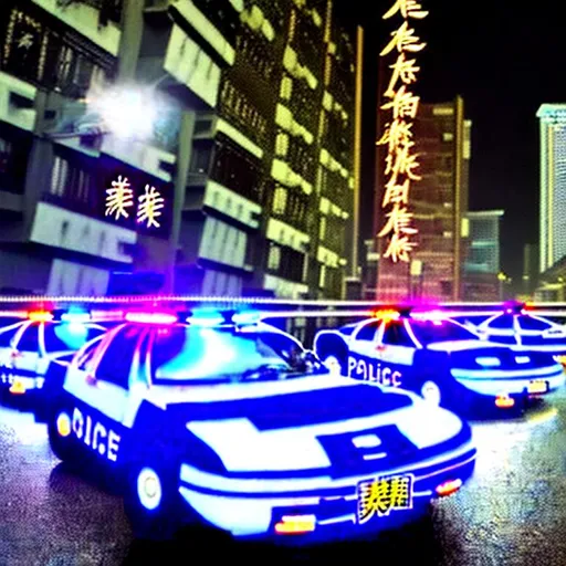 Prompt: Subject: "Police cars"

Creative descriptions: Sleek, blue and white sports cars with spherical wheels are adorned with Chinese characters and the powerful Chinese characters "坡力士". The police cars are covered only with Chinese characters. Flashing lights illuminate the darkness, casting an eerie glow.

Environment: A bustling city at night, with towering skyscrapers and neon signs reflecting off wet pavements. The streets are alive with a mix of excitement and tension.

Mood/Feelings: A sense of authority and vigilance permeates the air. There's an undercurrent of urgency and anticipation, as if something significant is about to unfold.

Artistic medium/Techniques: The scene captures the interplay of light and shadow, highlighting the contrast between the glowing police cars and the dark cityscape. Long exposure techniques enhance the dynamic movement of the flashing lights.

Artists/Illustrators/Art Movements: Inspired by the works of Edward Hopper, with his mastery of capturing urban solitude, and influenced by the noir aesthetic of film noir and graphic novel illustrations.