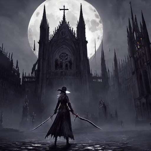Prompt: UHD, 8k, detailed, Bloodborne's Lady Maria with her bloody swords under the pale moon with a cathedral in the background.