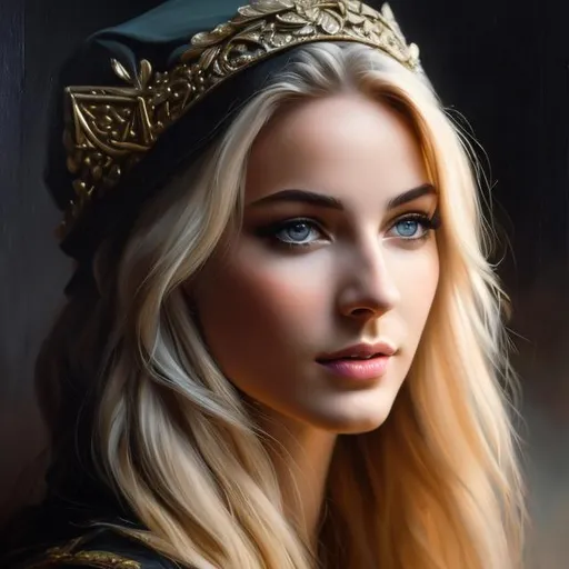 Prompt: Oil painting, Chiaroscuro, landscape, UHD, 8K, highly detailed, panned out view of the character, visible full body, a hyperdetailed Vikings tall girl, hyperdetailed large blonde hair, masterpiece, hyperdetailed full body, hyperdetailed feminine attractive face and nose, complete body view, ((hyperdetailed eyes)), perfect body, perfect anatomy, beautifully detailed face, alluring smile, ((scantily clad)), beautiful woman, Medieval, long white dress, brown hair,  on steps, haunted tower. style of Alayna Lemmer