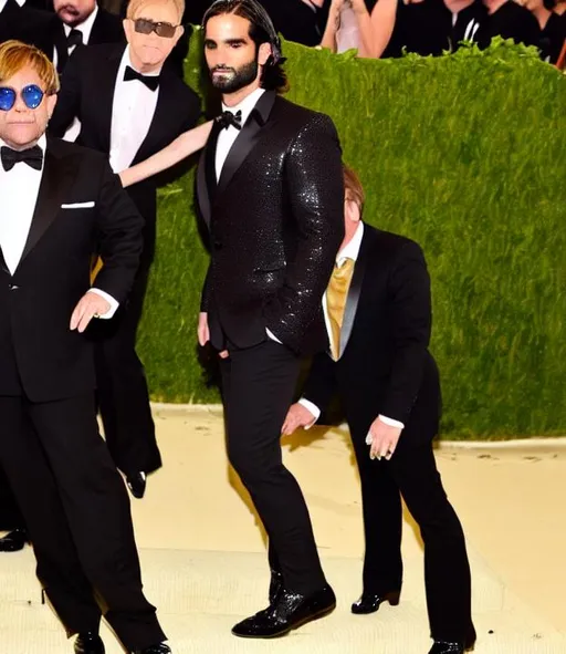 Prompt: Seth Rollins at met gala with Elton John as his date 