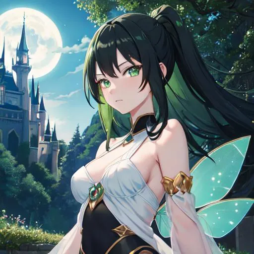 Prompt: , fairy, anime woman , black hair, green eyes, near a castle, at night, woman,