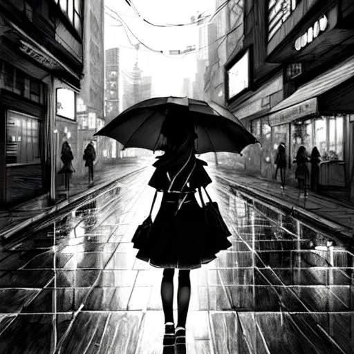 Prompt: An anime girl with an umbrella on the foreground. She is drawing with pencil and in black and white. On the background a Cyberpunk city with a lots of neon lights. Two different styles for girl and City. Girl is a pencil draw in black and white. City is ultra realistic
