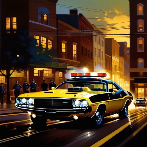 Prompt: Yellow Dodge Challenger 1970, car chase, cops, Pittsburgh at night, warm atmosphere, cartoony, extremely detailed painting by Greg Rutkowski and by Henry Justice Ford and by Steve Henderson.