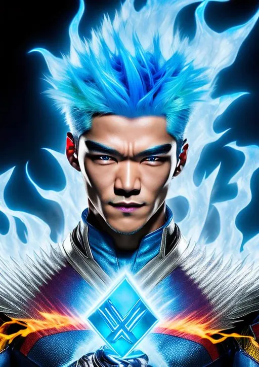 Prompt: High-resolution hyperrealistic photo of x-man iceman bobby drake merged with x-man sunfire shiro yoshida, burning ice form, uhd, hdr, 64k