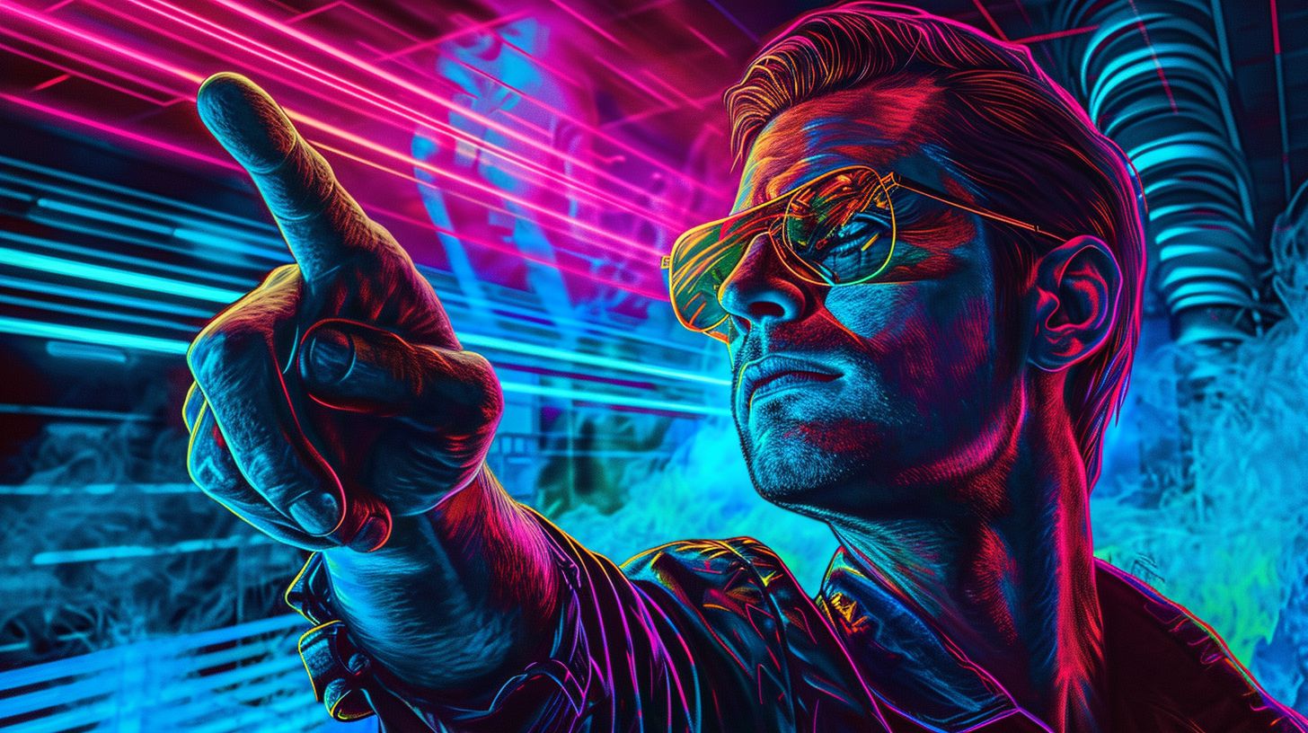 Prompt: a neon art image of a man pointing with his finger, in the style of synthwave, alex gross, golden age illustrations, 32k uhd, hyper-detailed illustrations, colorful, eye-catching compositions, luminous portraits