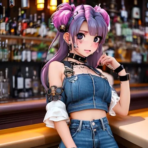 Prompt: A cute anime girl sitting at a bar, shes wearing a steampunk crop top and ripped denim shorts she had a shot of gin in her hands 