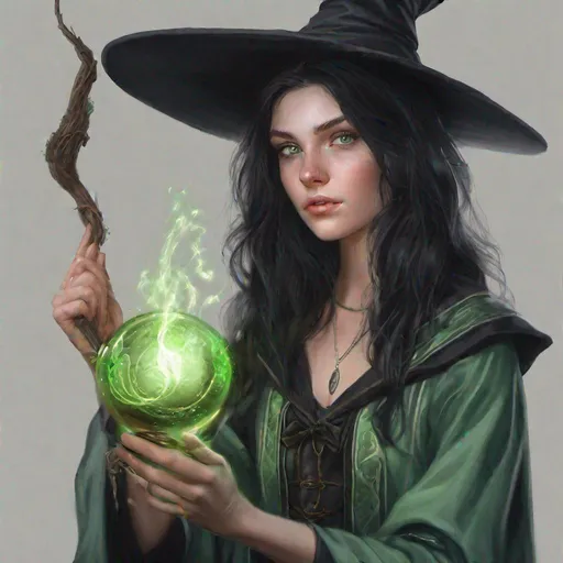 Prompt: witch, youthful, black hair, pale green eyes, magic, alchemy, hogwarts, student, hyper realistic, photo realistic, beautifully detailed 