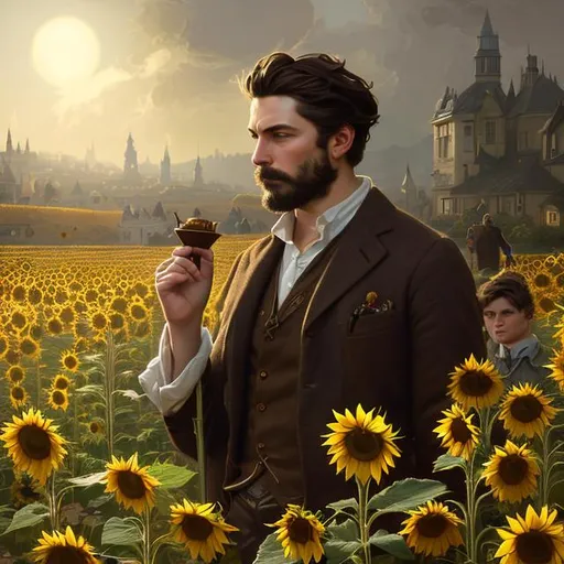 Prompt: Splash art portrait of ruggedly handsome, androgynous, feminine, dark brown haired man with short hair, light facial scruff, 30 years old, in a sunflower field, victorian light clothes, elegant, highly detailed, intricate, smooth, sharp focus, artstation, digital painting, concept art, art by greg rutkowski, alphonse mucha and John William Waterhouse, light, romantic, happy, soft, gentle, golden, warm, summer