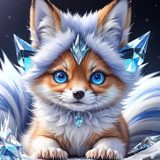 Prompt: (masterpiece, professional oil painting, epic digital art, best quality:1.5), insanely beautiful tiny ((fox kit)), (canine quadruped), ice elemental, silky silver-blue fur covered in frost, timid, ((insanely detailed alert crystal blue eyes, sharp focus eyes)), gorgeous 8k eyes, fluffy silver neck ruff covered in frost, two tails, (plump), fluffy chest, enchanted, magical, finely detailed fur, hyper detailed fur, (soft silky insanely detailed fur), presenting magical jewel, moonlight beaming through clouds, lying in frosted meadow, grassy field covered in frost, cool colors, professional, symmetric, golden ratio, unreal engine, depth, volumetric lighting, rich oil medium, (brilliant auroras), (ice storm), full body focus, beautifully detailed background, cinematic, 64K, UHD, intricate detail, high quality, high detail, masterpiece, intricate facial detail, high quality, detailed face, intricate quality, intricate eye detail, highly detailed, high resolution scan, intricate detailed, highly detailed face, very detailed, high resolution