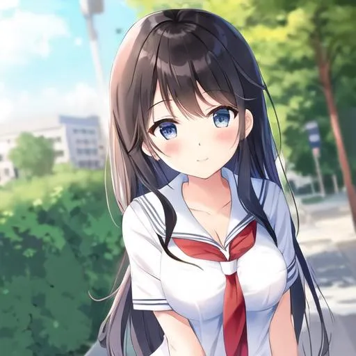 Prompt: Cute girl in school uniform in front of chool
