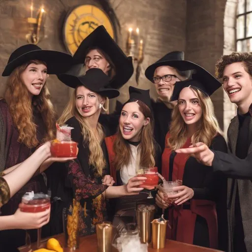 Prompt: A millennial cocktail party where they only discuss which house the sorting hat would choose for them.