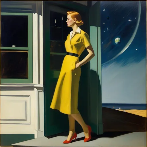 Prompt: a woman wearing outer space as a dress, Edward Hopper