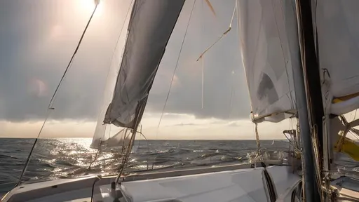 Prompt: A Sailing  passage on a cruiser in shinny sunset at sea with light rain and few clouds and stars