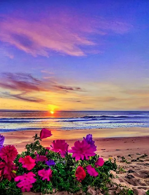 Flowers behind beach sunrise | OpenArt