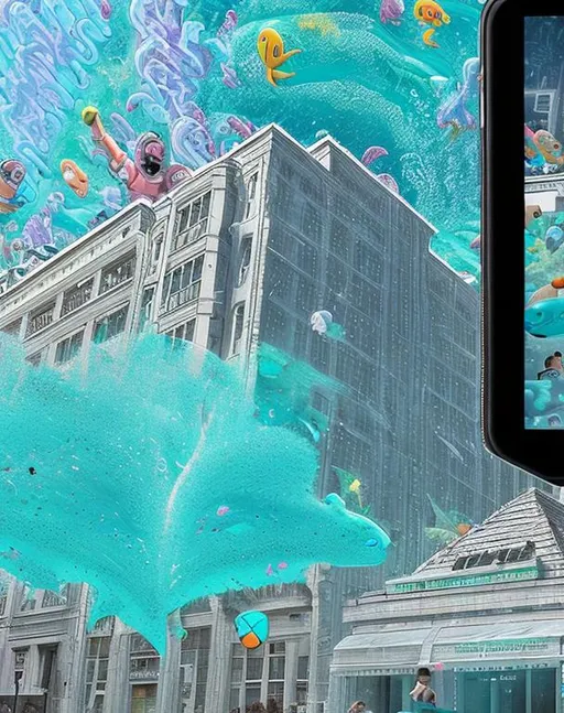 Prompt: Enhance photo: Retain the original building's background. In the foreground, add excited people holding cell phones, viewing the building. On the cell phones, overlay AI-generated ocean-themed artwork bursting from the building.