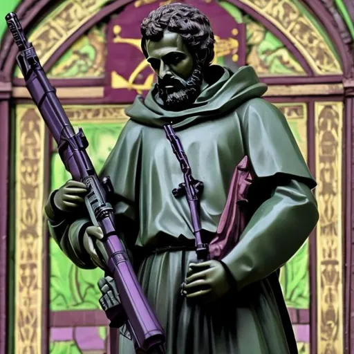 Prompt: St. Francis Xavier standing tall and heroic with a Dragunov SVD sniper in his arms. Color theme is purplish green.