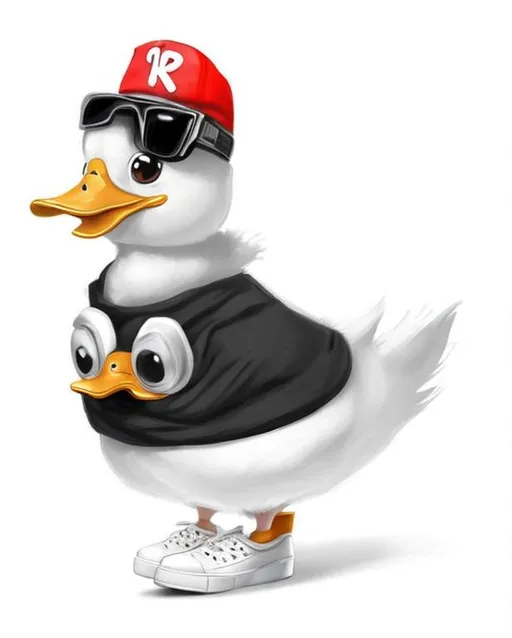 Prompt: Tiny cute and adorable duck disguised as a gangsta rapper wearing sneakers, plain white background, Pixar Style, ryan lang, artgerm,