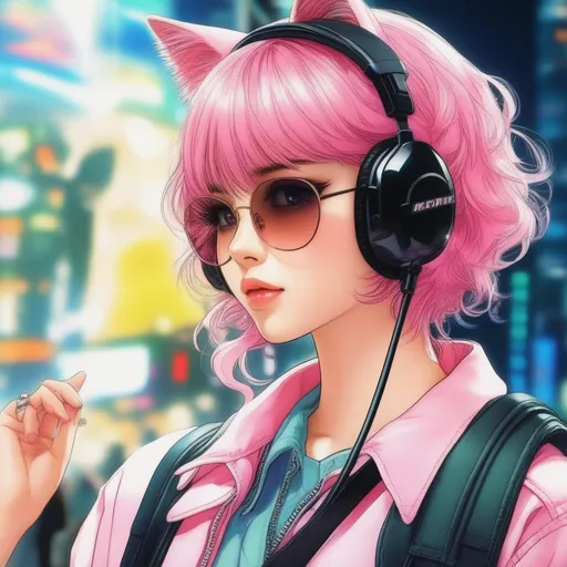 Prompt: a cute girl with pink hair and wearing a cat headset, key visual by Masamune Shirow