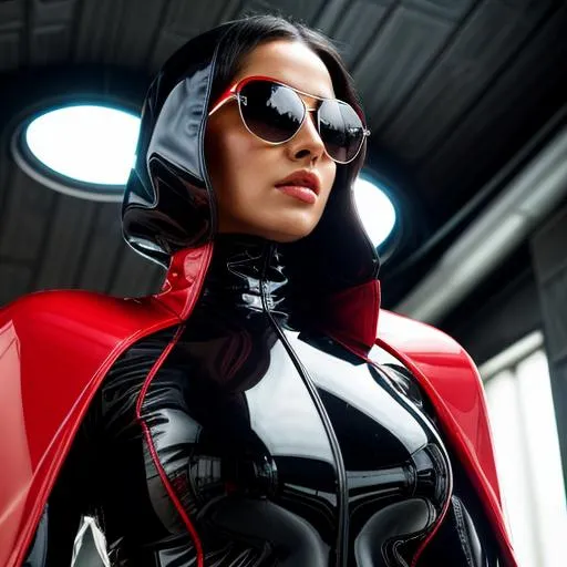 Prompt: Beautiful woman from a random country, futuristic black sunglasses wearing a red latex futuristic dress, in a futuristic catholic chapel, highly detailed, ambient light, provocative, close-up portrait.