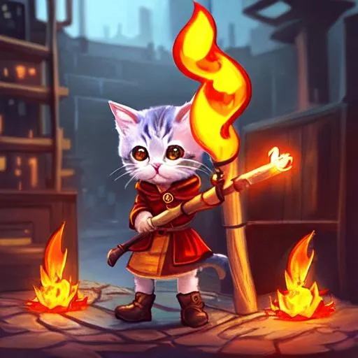 Prompt: adorable kitten fire mage holding wooden fire staff, Cyberpunk