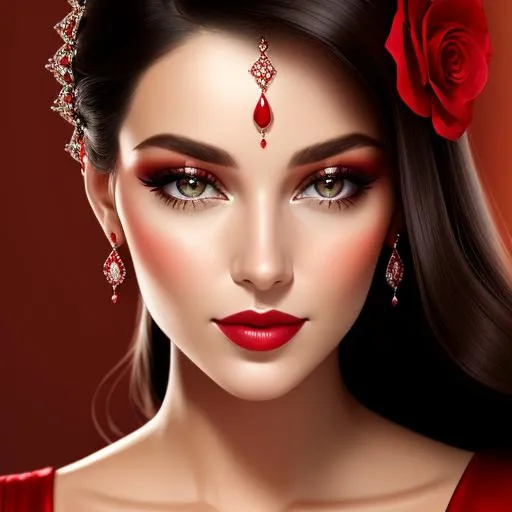 Prompt: Beautiful ethereal woman. color scheme of tuquoise and red. facial closeup