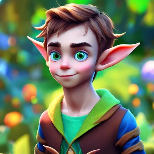 Prompt: Modern, Peter Pan, smooth skin, handsome and cute, big eyes, elf face,  with bright blue stylish outfit, in amaze garden.